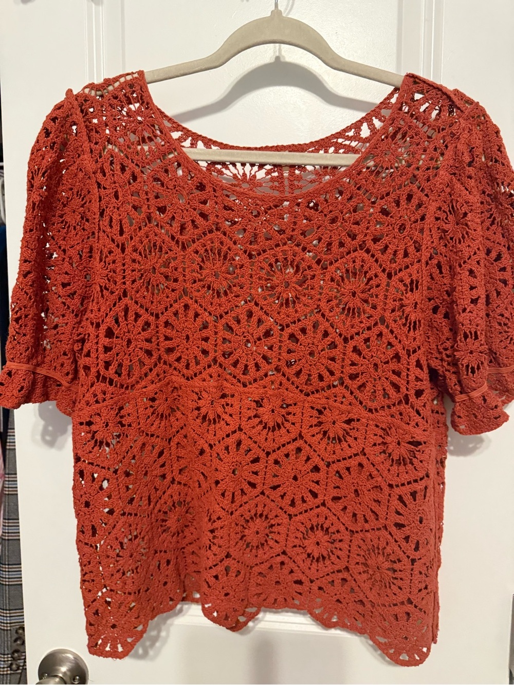 Ultra Pink Crochet Short-Sleeve Tunic in Burnt Orange
